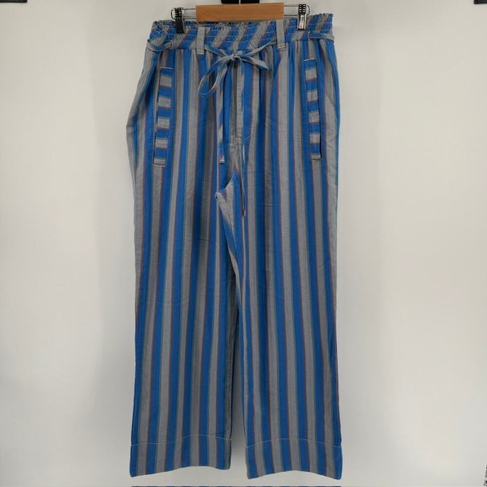 Free People Marielle Wide-Leg Pull On Pants Womens L Blue Stripe Drawstring Boho